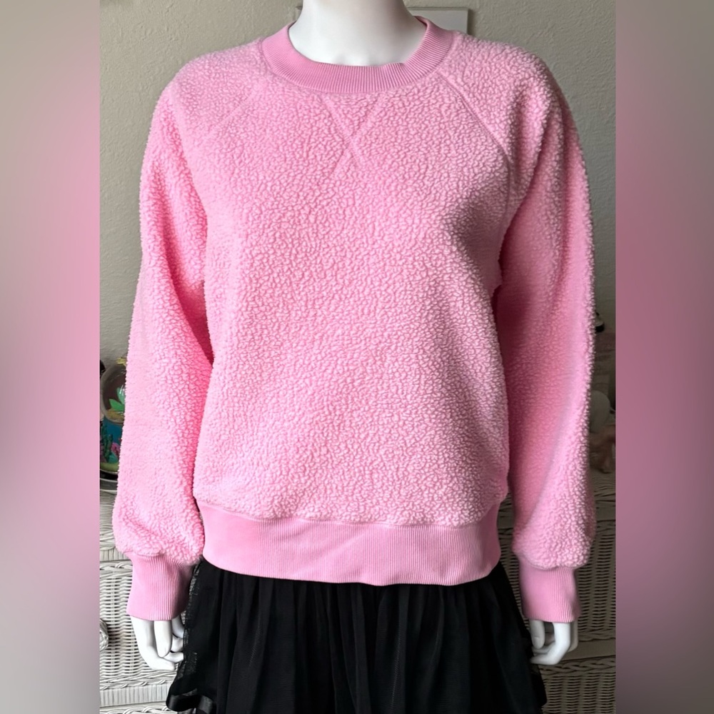 Everlane Renew Fleece Pullover Crewneck Long Sleeve Ribbed Cuffs in Pink Size XL - Picture 2 of 11